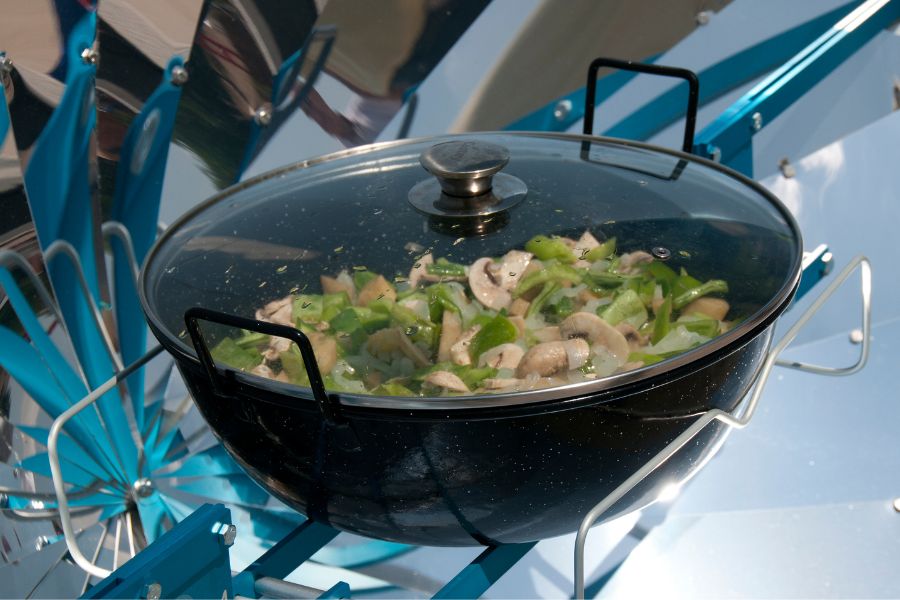 Pot of veggies on a solar cooker