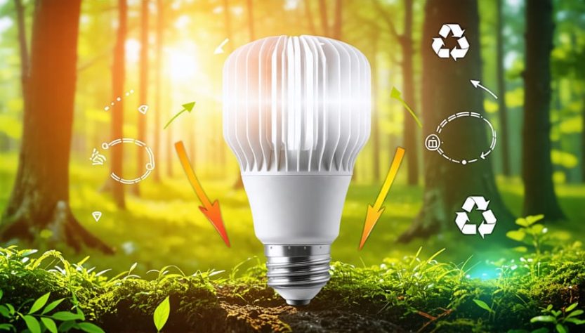 LED bulb with clear heat sink design and arrows showing proper ventilation, set against a background of sustainability symbols and nature, highlighting eco-friendly LED usage.
