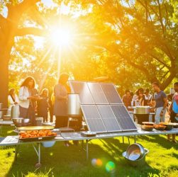 A community outdoor gathering with different types of solar cookers harnessing sunlight, highlighting the sustainable practice of solar cooking.