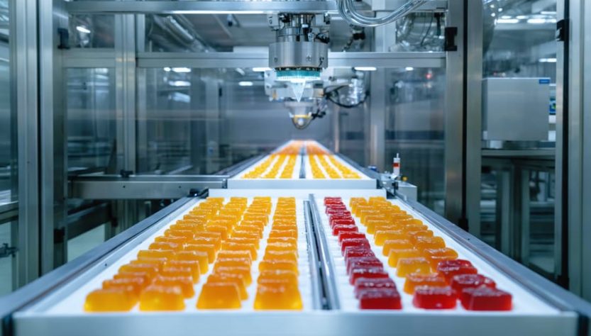 Cannabis edibles production line with stainless steel gummy depositor and trays of orange and red gummies, overhead HVAC ducts, and windows showing rooftop solar panels and a distant wind turbine in a bright, clean industrial setting.