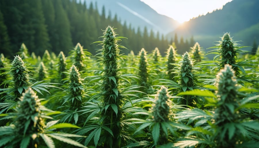 Cannabis production managers reviewing renewable energy performance data in manufacturing facility