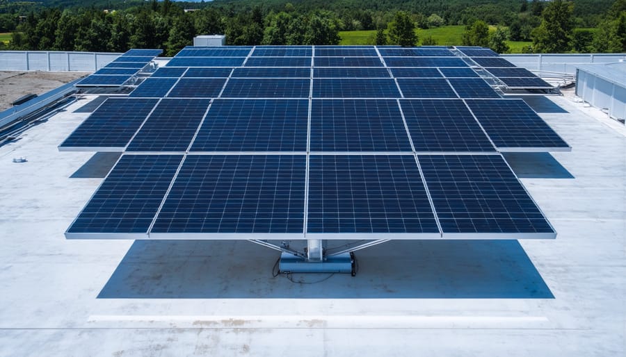 Aerial view of commercial rooftop solar panel installation on cannabis facility