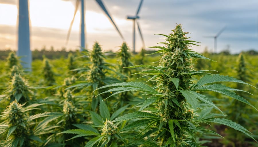 Industrial cannabis production facility with wind turbines in background field