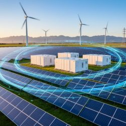 Wide, slightly elevated view of a solar farm with wind turbines and white battery storage containers, linked by subtle luminous arcs symbolizing AI optimization at golden hour, with distant transmission lines and mountains.