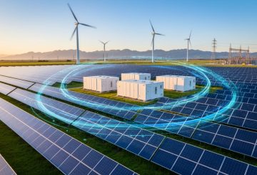 Wide, slightly elevated view of a solar farm with wind turbines and white battery storage containers, linked by subtle luminous arcs symbolizing AI optimization at golden hour, with distant transmission lines and mountains.
