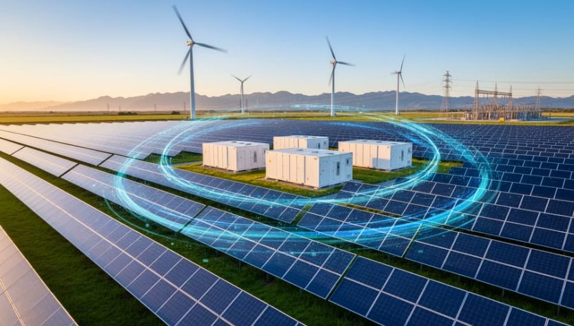 Wide, slightly elevated view of a solar farm with wind turbines and white battery storage containers, linked by subtle luminous arcs symbolizing AI optimization at golden hour, with distant transmission lines and mountains.