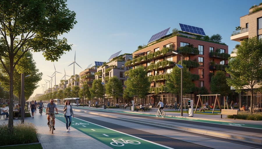 People enjoying pedestrian street in renewed urban district with sustainable infrastructure