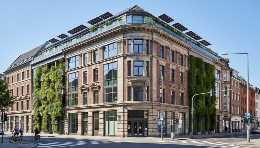 Historic building retrofitted with energy-efficient windows and integrated solar technology