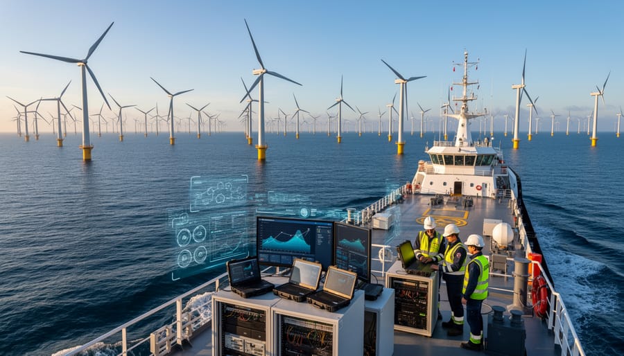 Aerial view of extensive offshore wind farm with multiple turbines in ocean