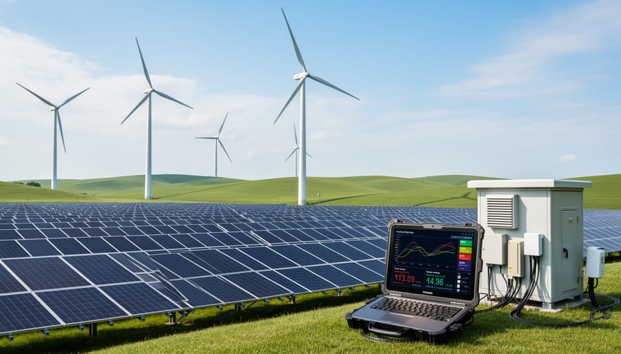 Wind turbines and solar panels in integrated renewable energy facility with monitoring equipment