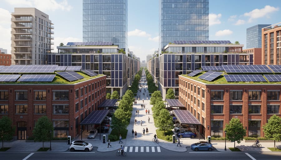 Aerial view of urban district with solar panels on rooftops and green spaces