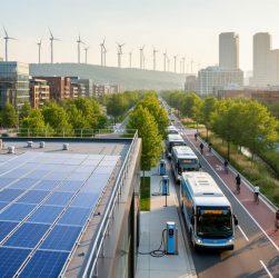 Elevated wide shot of a city block with rooftop solar arrays, electric buses charging, bioswales and bike lanes along the street, and distant wind turbines at golden hour.