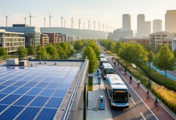 Elevated wide shot of a city block with rooftop solar arrays, electric buses charging, bioswales and bike lanes along the street, and distant wind turbines at golden hour.