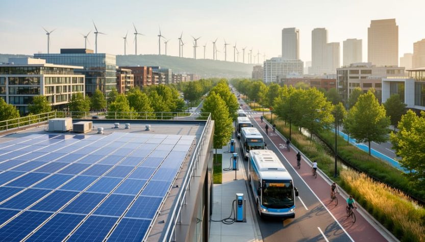 Elevated wide shot of a city block with rooftop solar arrays, electric buses charging, bioswales and bike lanes along the street, and distant wind turbines at golden hour.