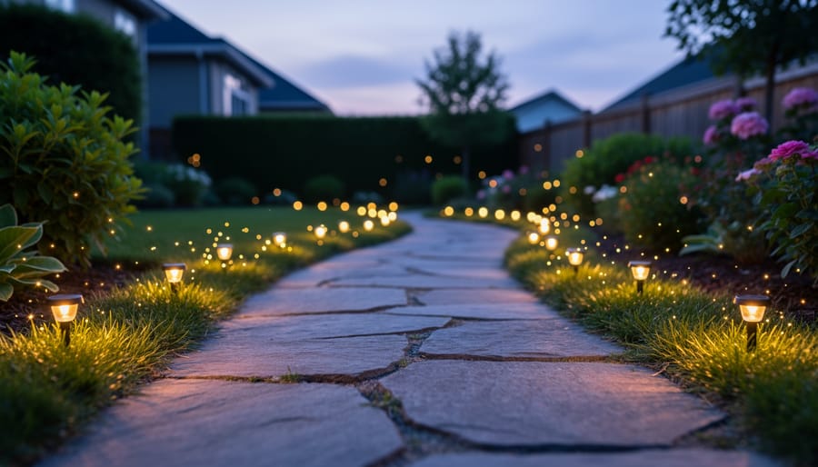 Solar firefly landscape lights glowing along a backyard walkway at dusk
