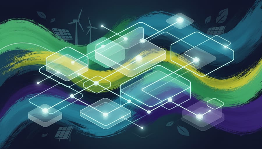 Abstract glowing network of interconnected nodes suggesting blockchain-based verification