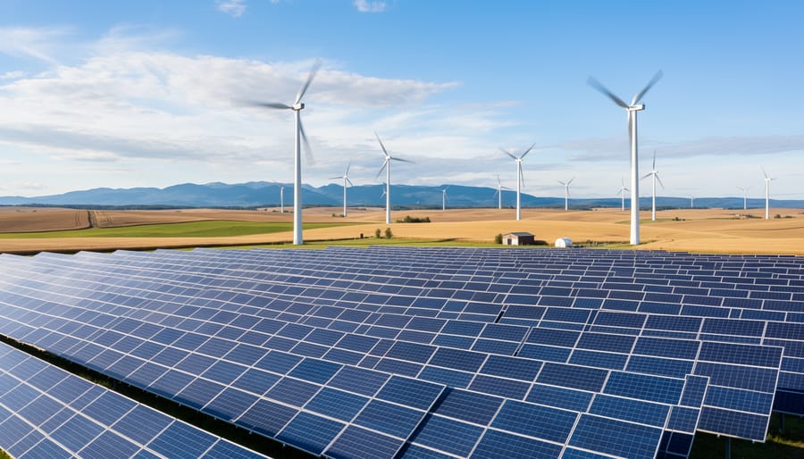 Solar panels and distant wind turbines under an overcast sky