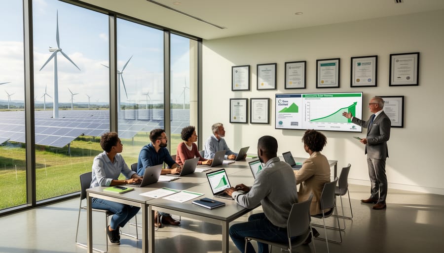 People studying in a modern learning space with a wind turbine visible outside
