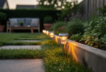 Warmly glowing solar firefly lights illuminating a backyard garden path near greenery and outdoor seating.