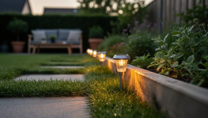 Warmly glowing solar firefly lights illuminating a backyard garden path near greenery and outdoor seating.