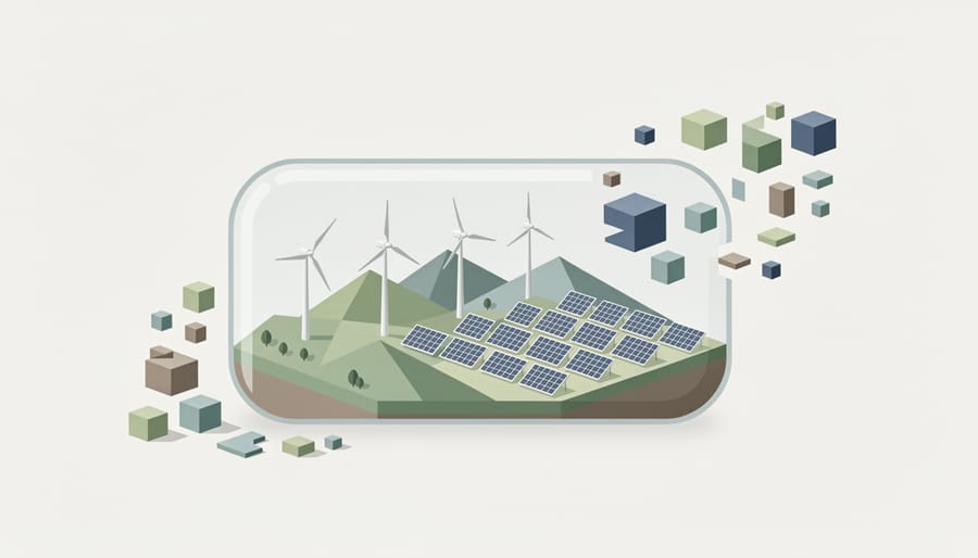 Crystal sphere reflecting a miniature renewable energy landscape of wind turbines and solar panels