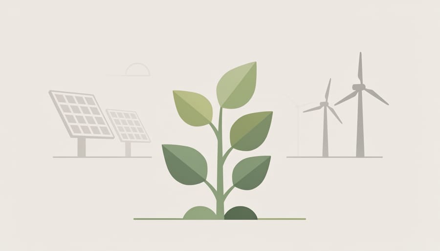 Gloved hands holding a healthy green plant with renewable energy equipment softly blurred in the background