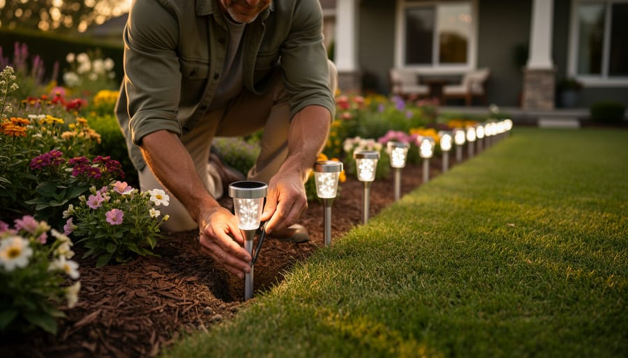Person placing solar firefly light stakes into garden soil