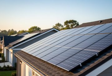 Residential rooftops with solar panels catching golden sunlight in a neighborhood setting