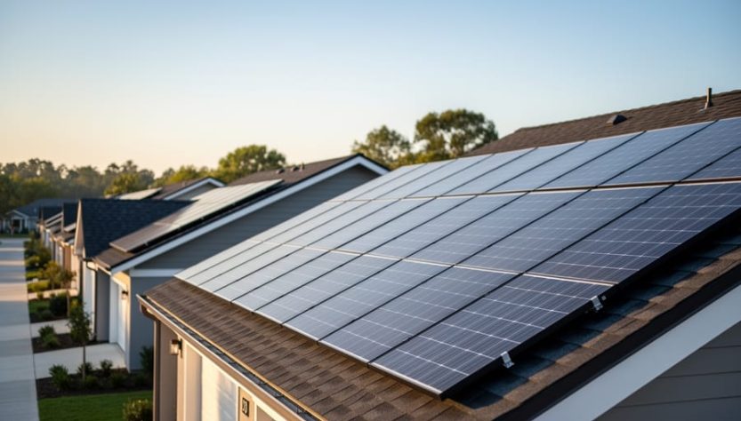 Residential rooftops with solar panels catching golden sunlight in a neighborhood setting