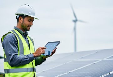 Renewable energy professional in high-visibility gear reviewing a tablet beside solar panels with wind turbines in the distance under an overcast sky.