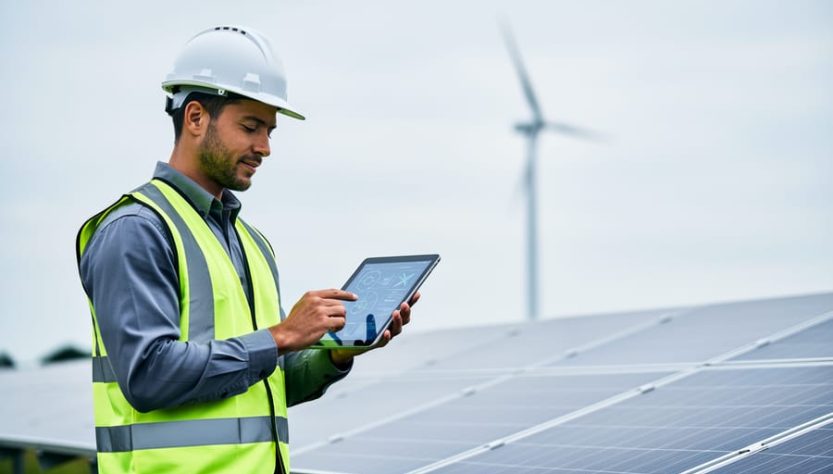 Renewable energy professional in high-visibility gear reviewing a tablet beside solar panels with wind turbines in the distance under an overcast sky.