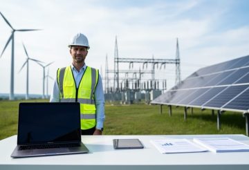“Analyst in a hard hat holding a tablet in front of wind turbines and solar panels, representing renewable energy asset management.”