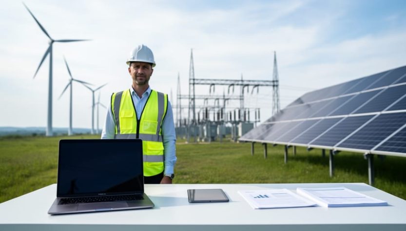 “Analyst in a hard hat holding a tablet in front of wind turbines and solar panels, representing renewable energy asset management.”
