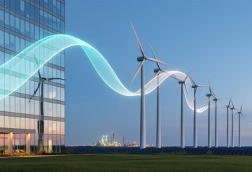 Twilight scene showing Canadian wind turbines and a modern building facade with a subtle light ribbon symbolizing renewable energy credits.
