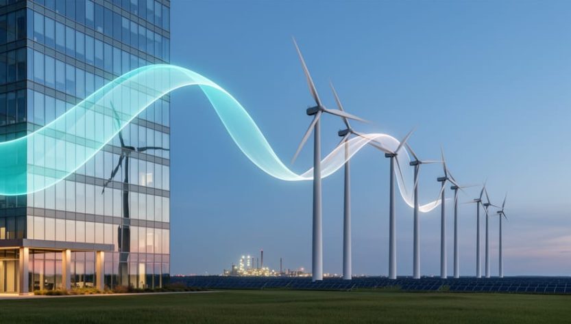 Twilight scene showing Canadian wind turbines and a modern building facade with a subtle light ribbon symbolizing renewable energy credits.