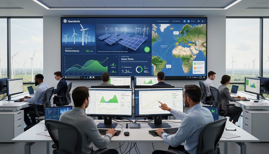 Energy engineers working in a renewable energy operations control room with blurred monitoring screens