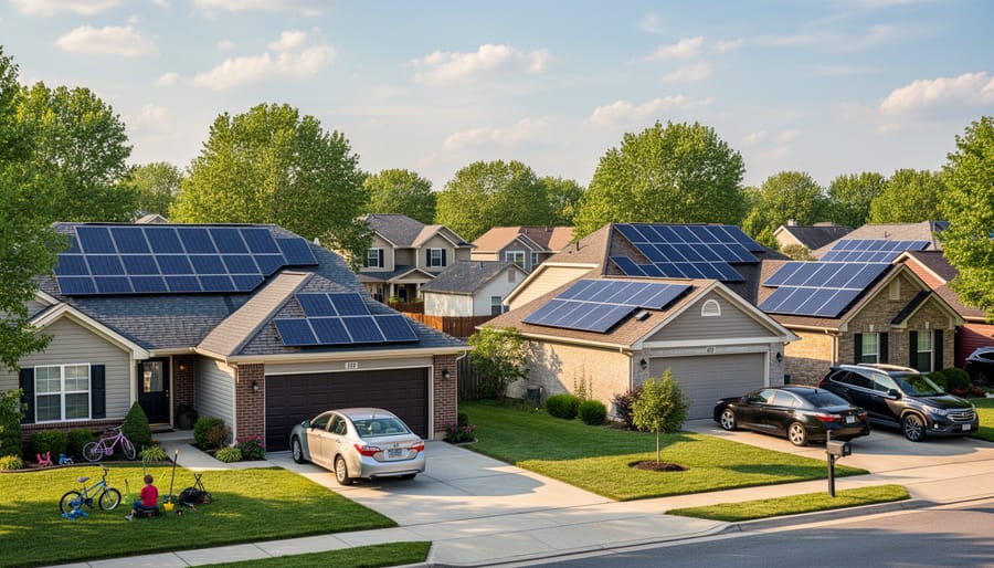 Person looking at rooftop solar panels on a home in early morning light.