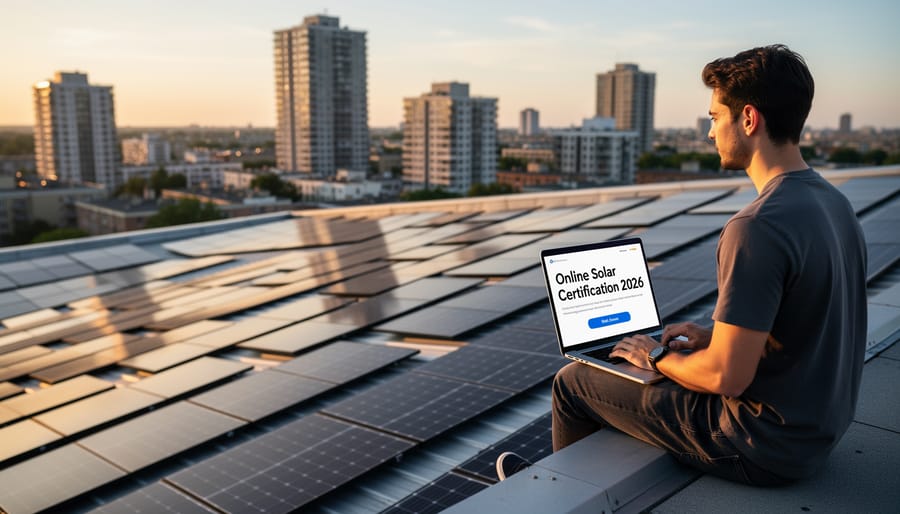 Rooftop solar panels with wind turbines visible in the distance