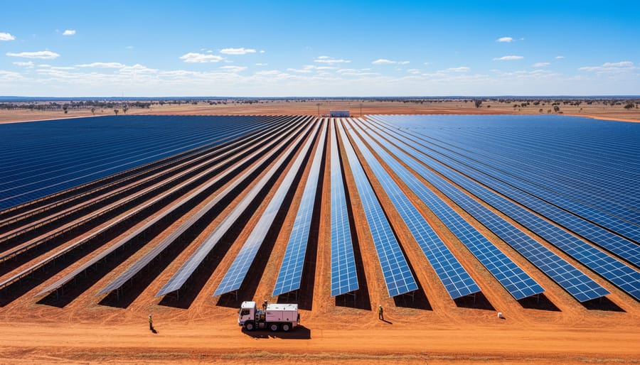 Wide view of a utility-scale solar farm with workers among rows of solar panels.