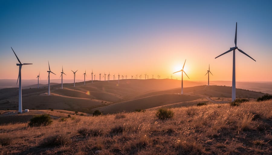 Wind turbines at a utility-scale wind farm during golden hour