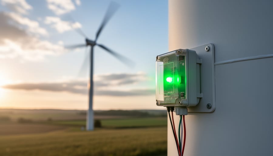 Close-up of a warm glowing LED connected to a small windmill base and wiring.