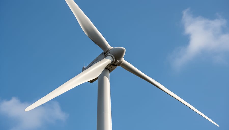 Close-up of wind turbine blades and rotor hub under an overcast sky.