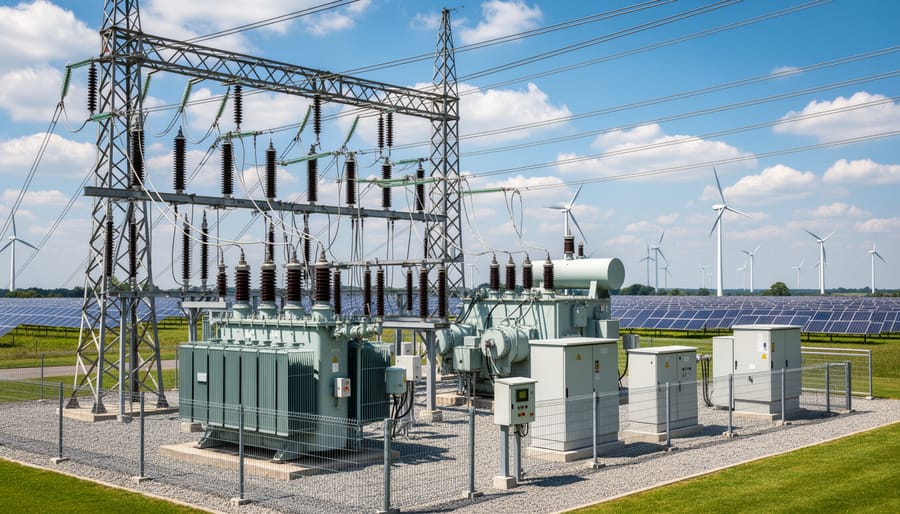 Electrical substation equipment at dusk with distant renewable energy structures.