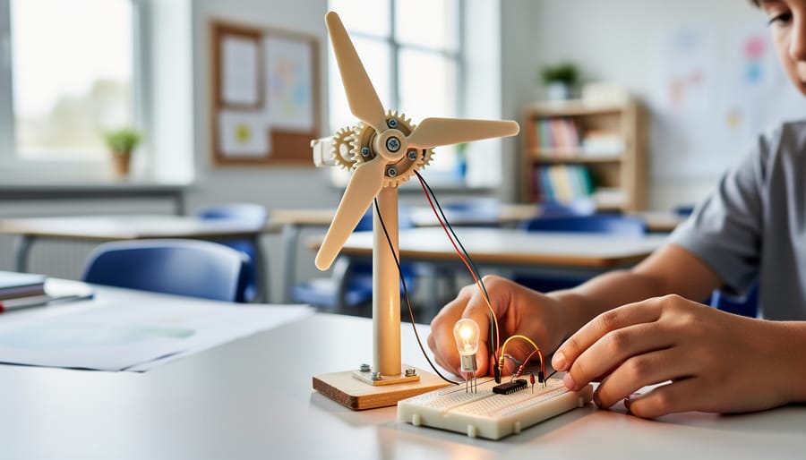 Finished STEM windmill model on a tabletop with visible blades, motor, and LED near the base.