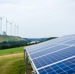 Wind turbines and a solar panel array in a German landscape under an overcast sky, with distant hydro and biomass installations in the background.
