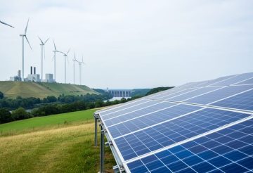 Wind turbines and a solar panel array in a German landscape under an overcast sky, with distant hydro and biomass installations in the background.