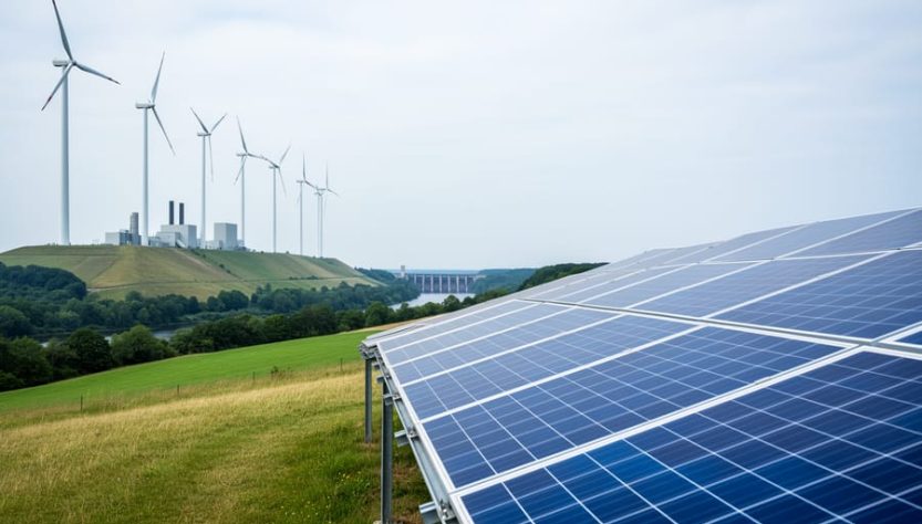 Wind turbines and a solar panel array in a German landscape under an overcast sky, with distant hydro and biomass installations in the background.