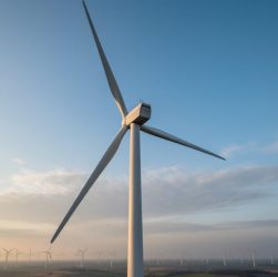 Wind turbine with rotating blades generating clean energy, with additional turbines visible in the distant background.