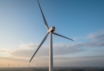 Wind turbine with rotating blades generating clean energy, with additional turbines visible in the distant background.