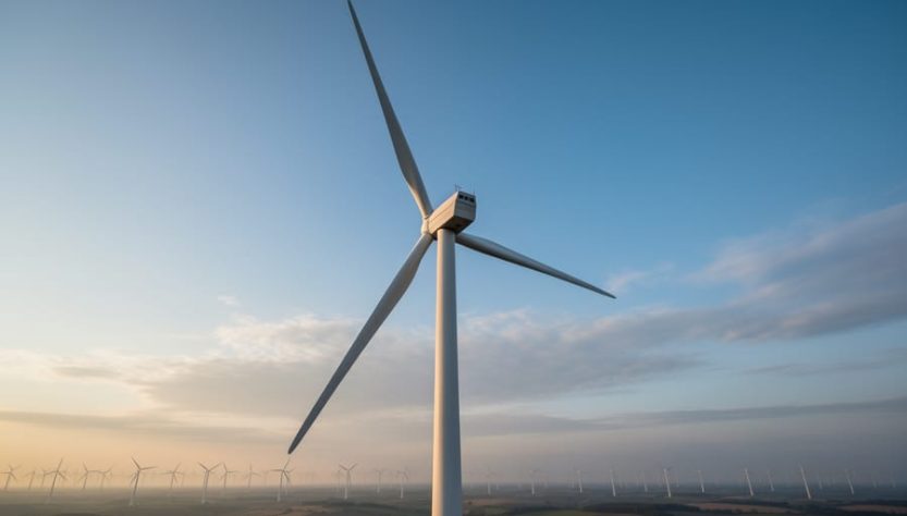 Wind turbine with rotating blades generating clean energy, with additional turbines visible in the distant background.